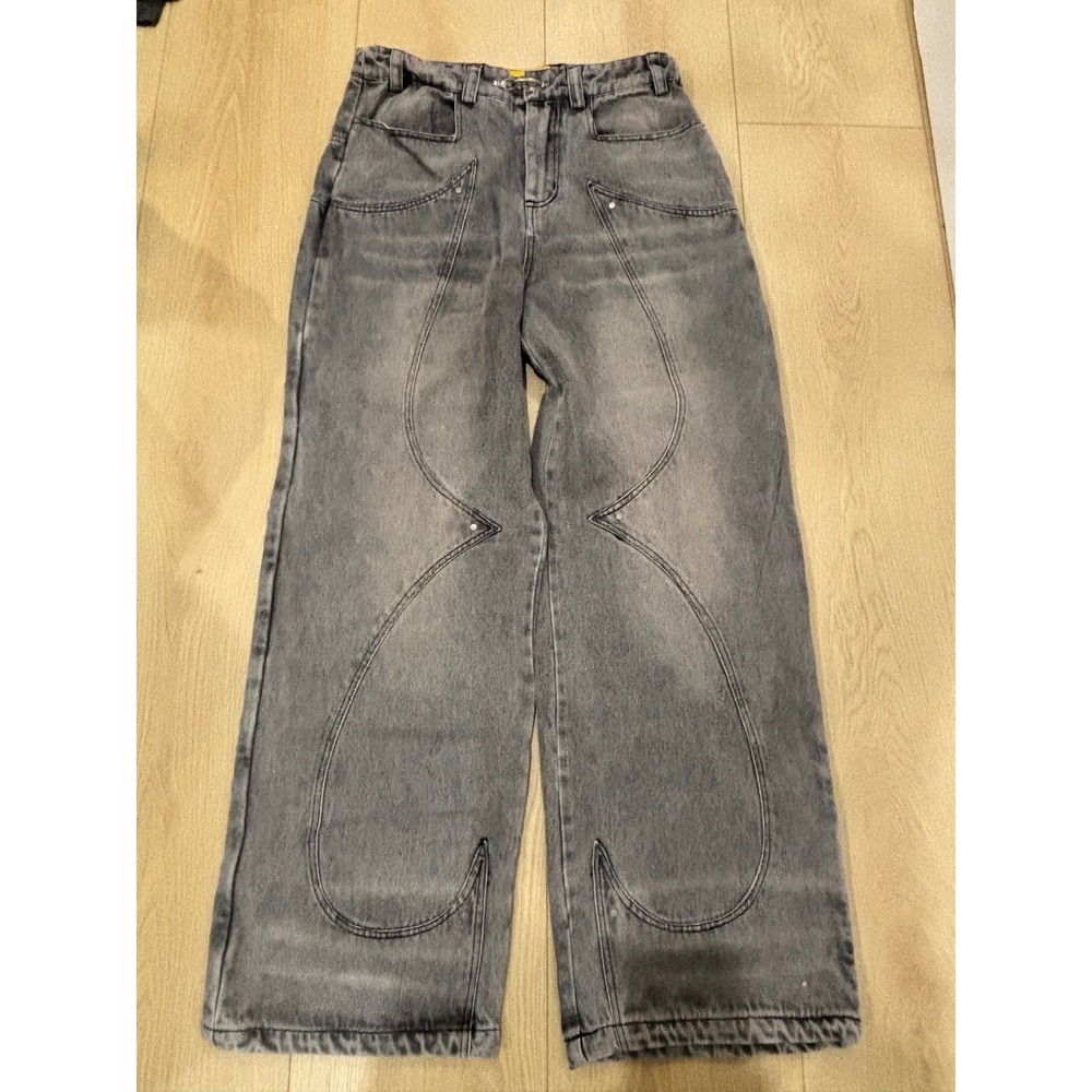 Fine Culture Mens Wide Leg Baggy Jeans Faded Grey Curved Stitch Streetwear Sz M